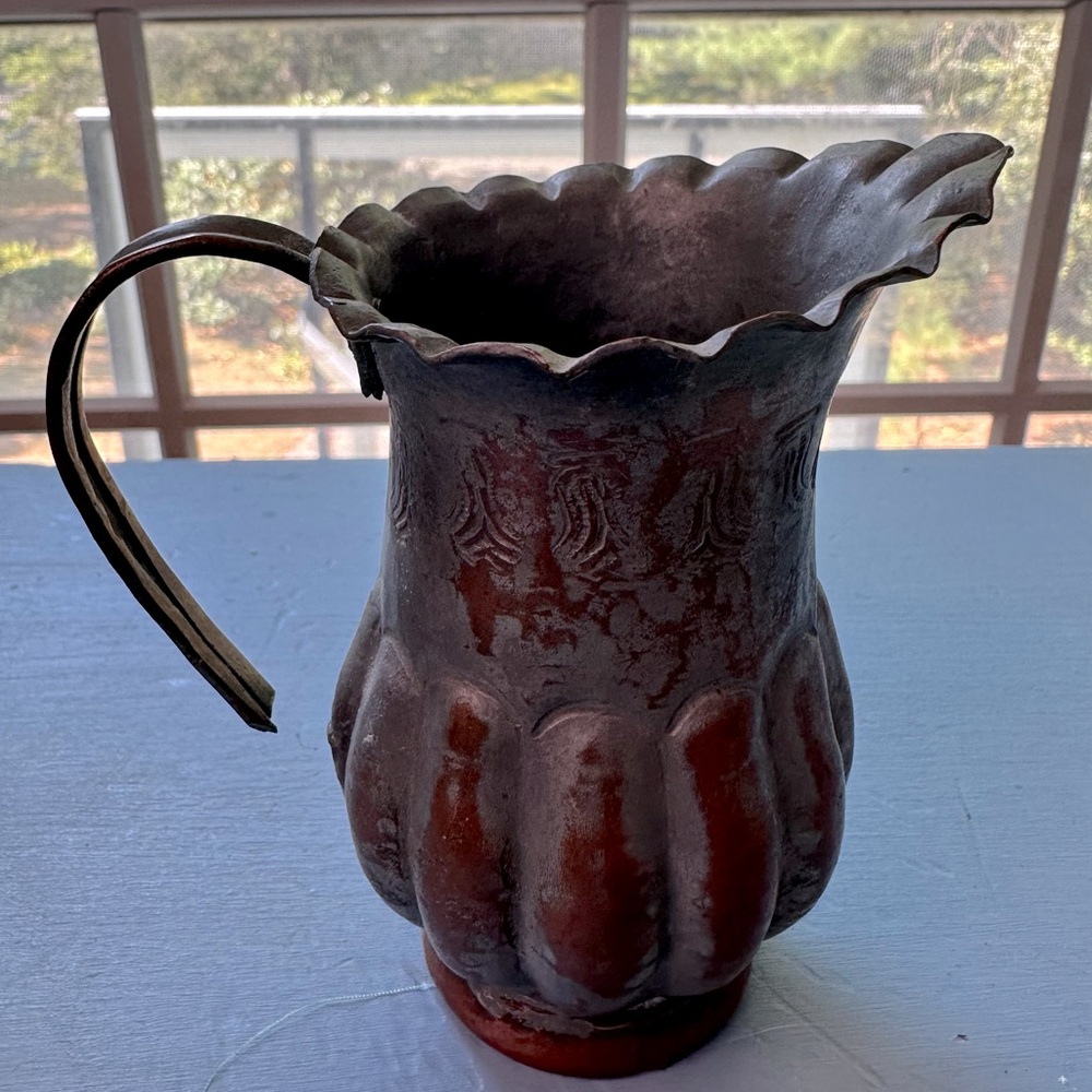 Antique Hand Hammered Etched Tinned Copper Egyptian Pitcher Stamped Decor Patina